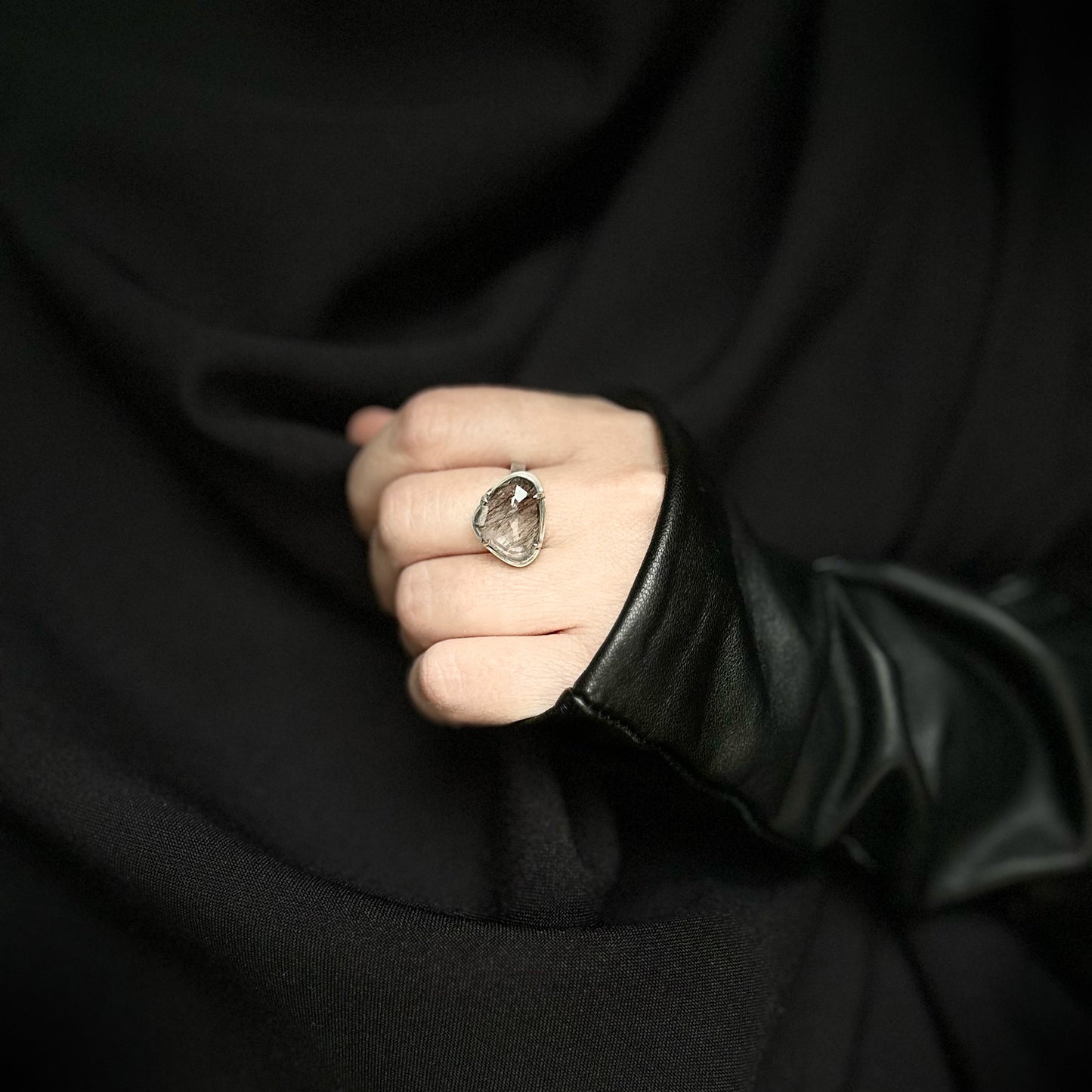Tourmalinated quartz sterling silver ring