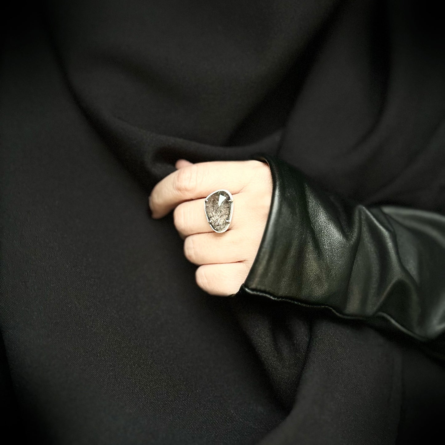 Tourmalinated quartz silver ring
