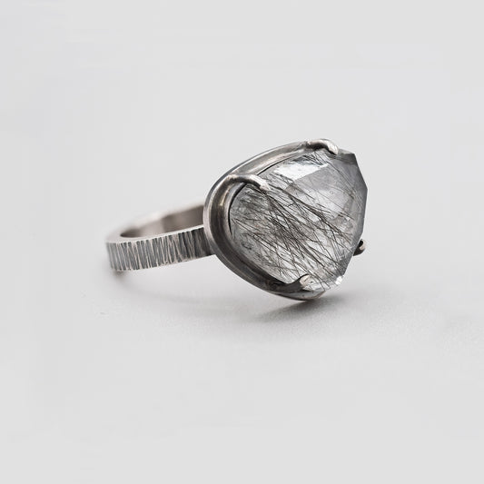 Tourmalinated quartz sterling silver ring